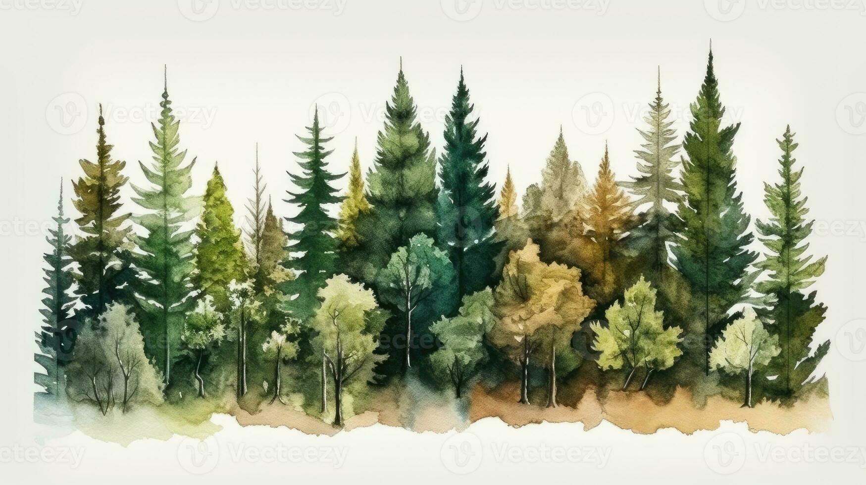 Serene Watercolor Landscape of Pine Trees in a Green Forest photo