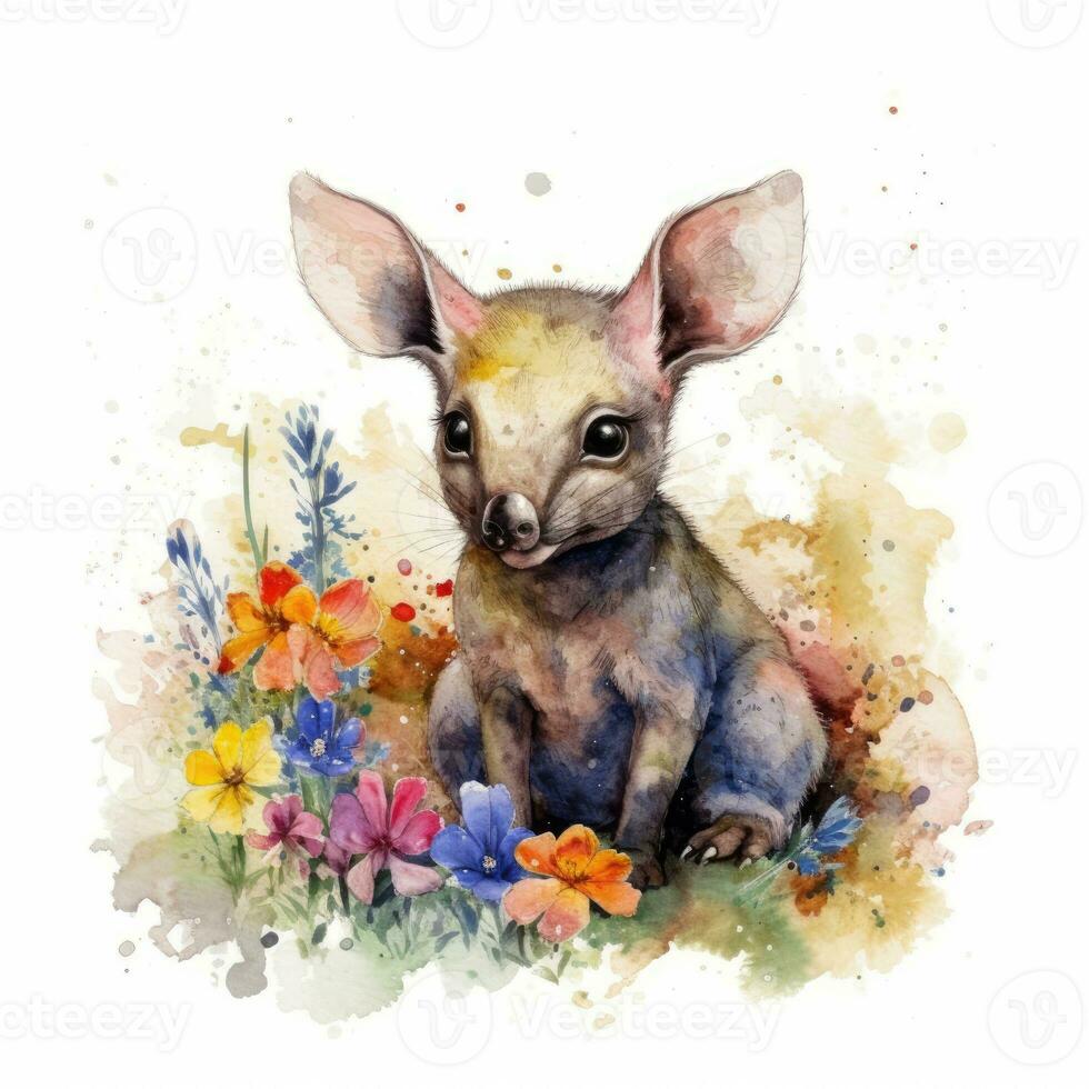 Colorful Watercolor Painting of an Adorable Baby Aardvark in a Flower Field photo