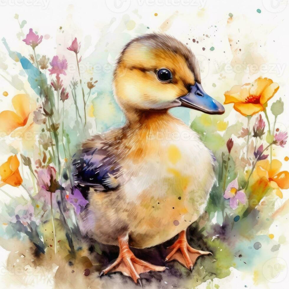 Charming Duckling in a Colorful Flower Field  Watercolor Painting for Art Prints and Greeting Cards photo