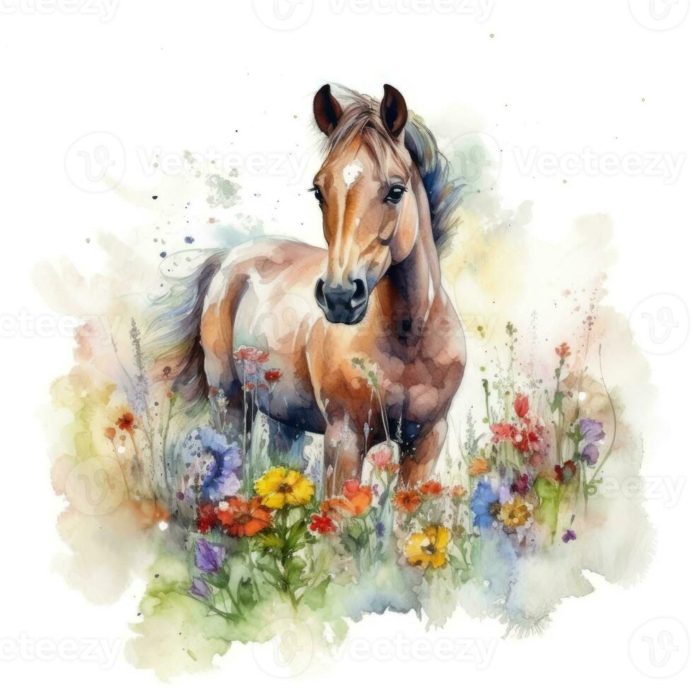 Delightful Foal in a Colorful Flower Field Watercolor Painting photo