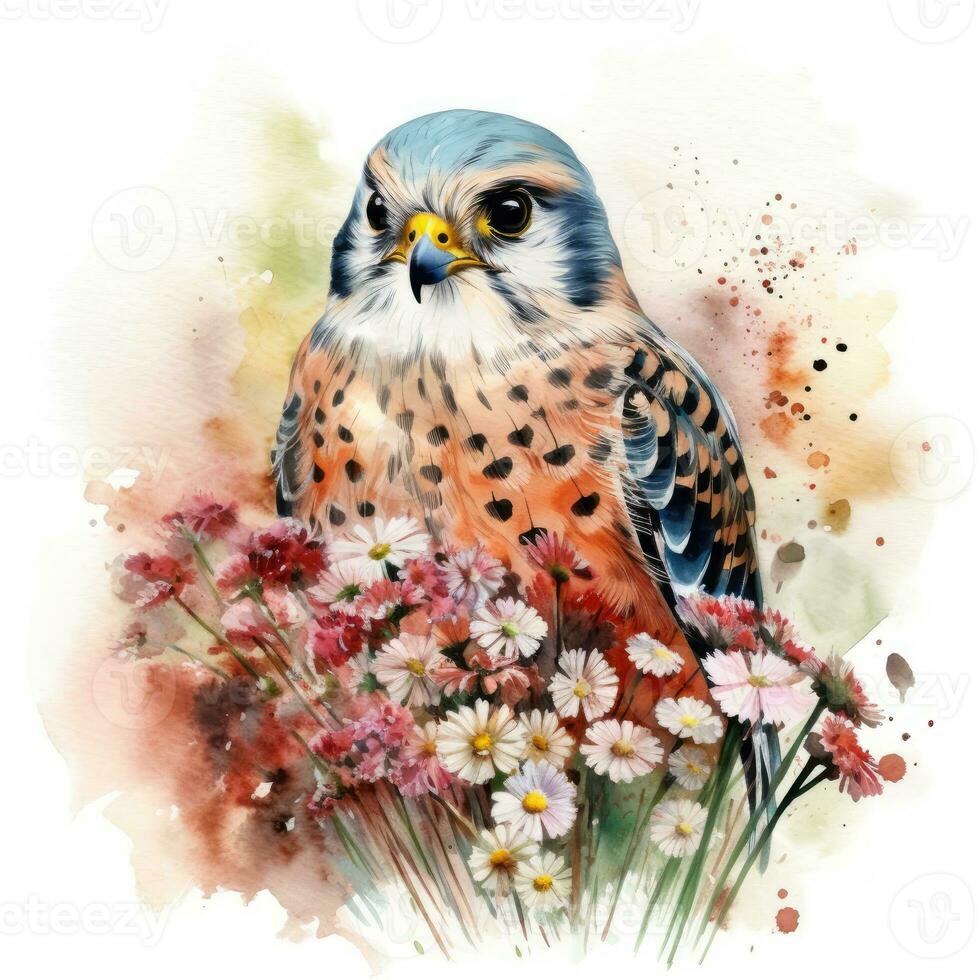 Enchanting Baby Kestrel in a Colorful Flower Field Watercolor Painting photo