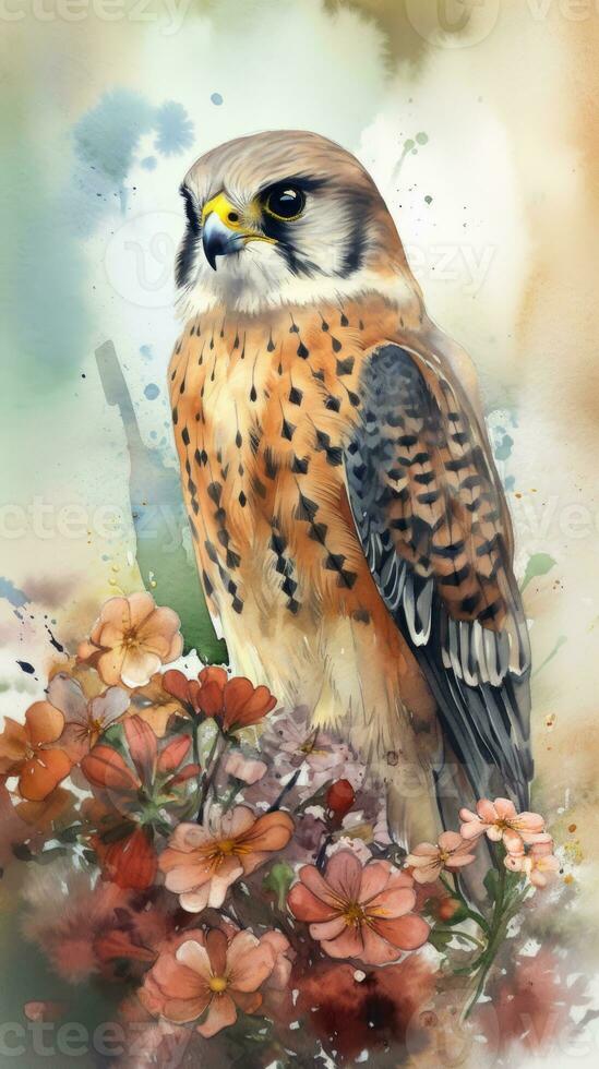 Enchanting Baby Kestrel in a Colorful Flower Field Watercolor Painting photo