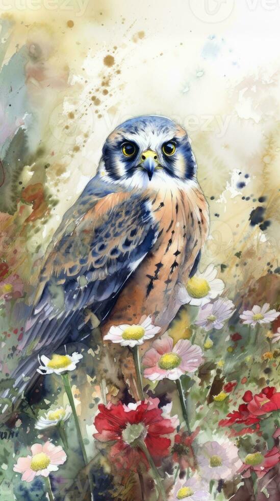 Enchanting Baby Kestrel in a Colorful Flower Field Watercolor Painting photo