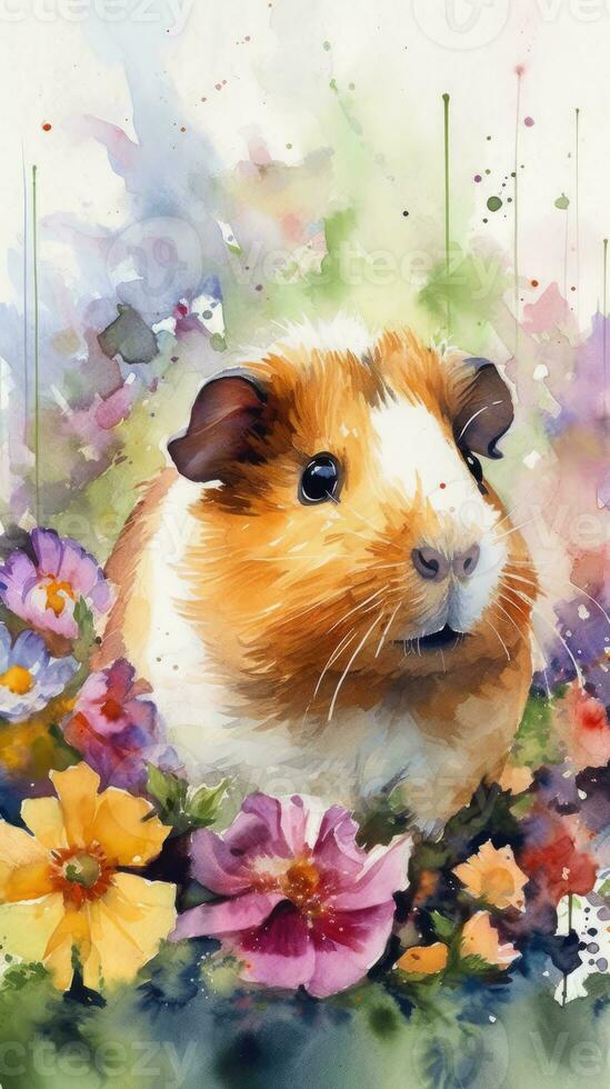 Irresistible Guinea Pig in a Colorful Flower Field Watercolor Painting photo