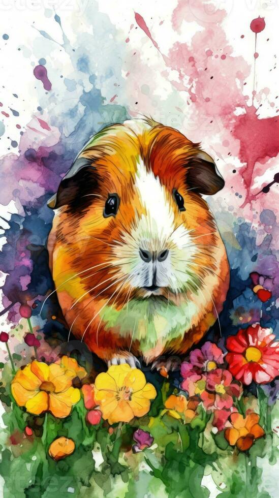 Irresistible Guinea Pig in a Colorful Flower Field Watercolor Painting photo