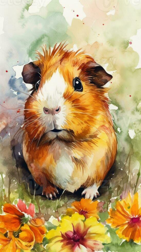 Irresistible Guinea Pig in Colorful Flower Field Watercolor Painting photo