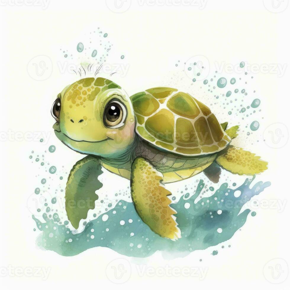 Adorable Cartoon Turtle Swimming with Kids in Watercolor Style photo