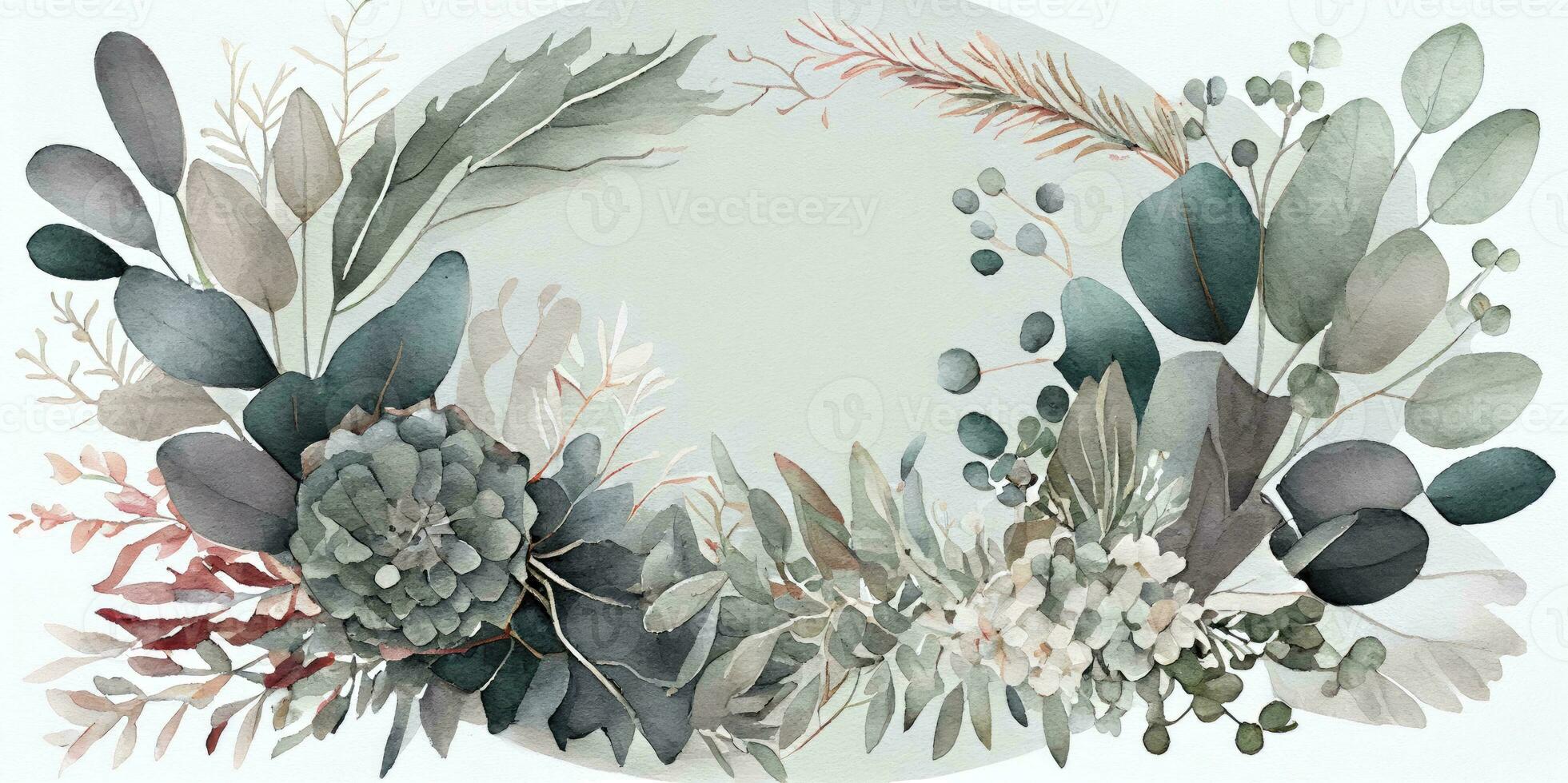 Eucalyptus and White Flowers Watercolor Wreath on Peppermint Background photo