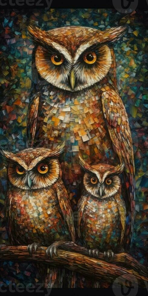 Whimsical Owl Family in NeoImpressionist Style photo