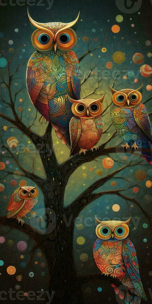 Whimsical Owl Family in NeoImpressionist Style photo