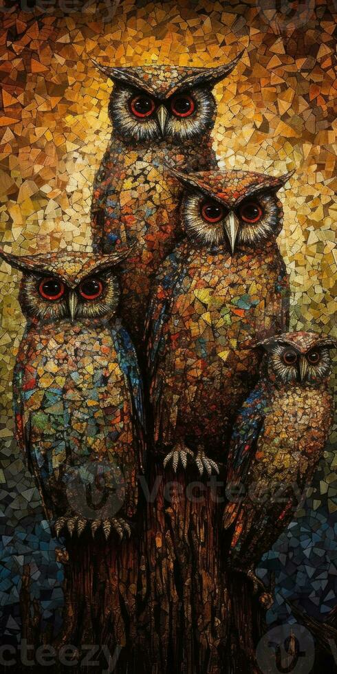 Whimsical Owl Family in NeoImpressionist Style photo