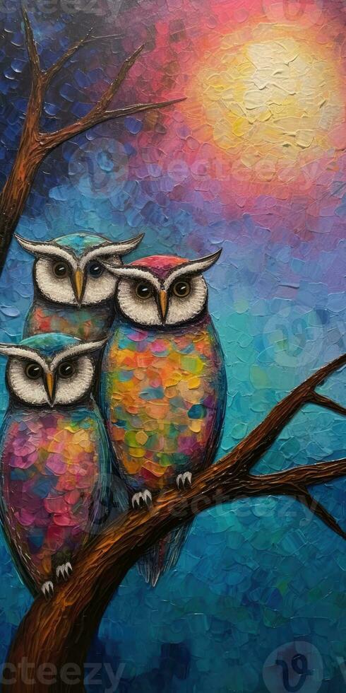 Whimsical Owl Family in NeoImpressionist Style photo