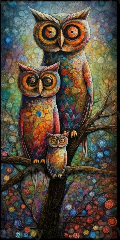 Whimsical Owl Family in NeoImpressionist Style photo