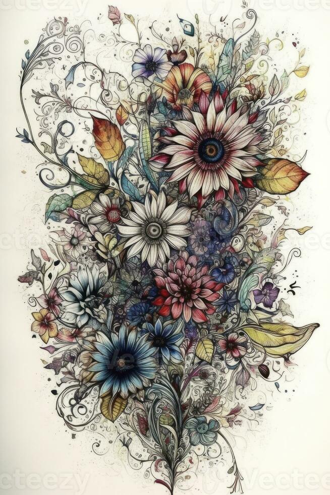 Intricate Boho Art of Wild Flowers on White Background in HD Quality photo