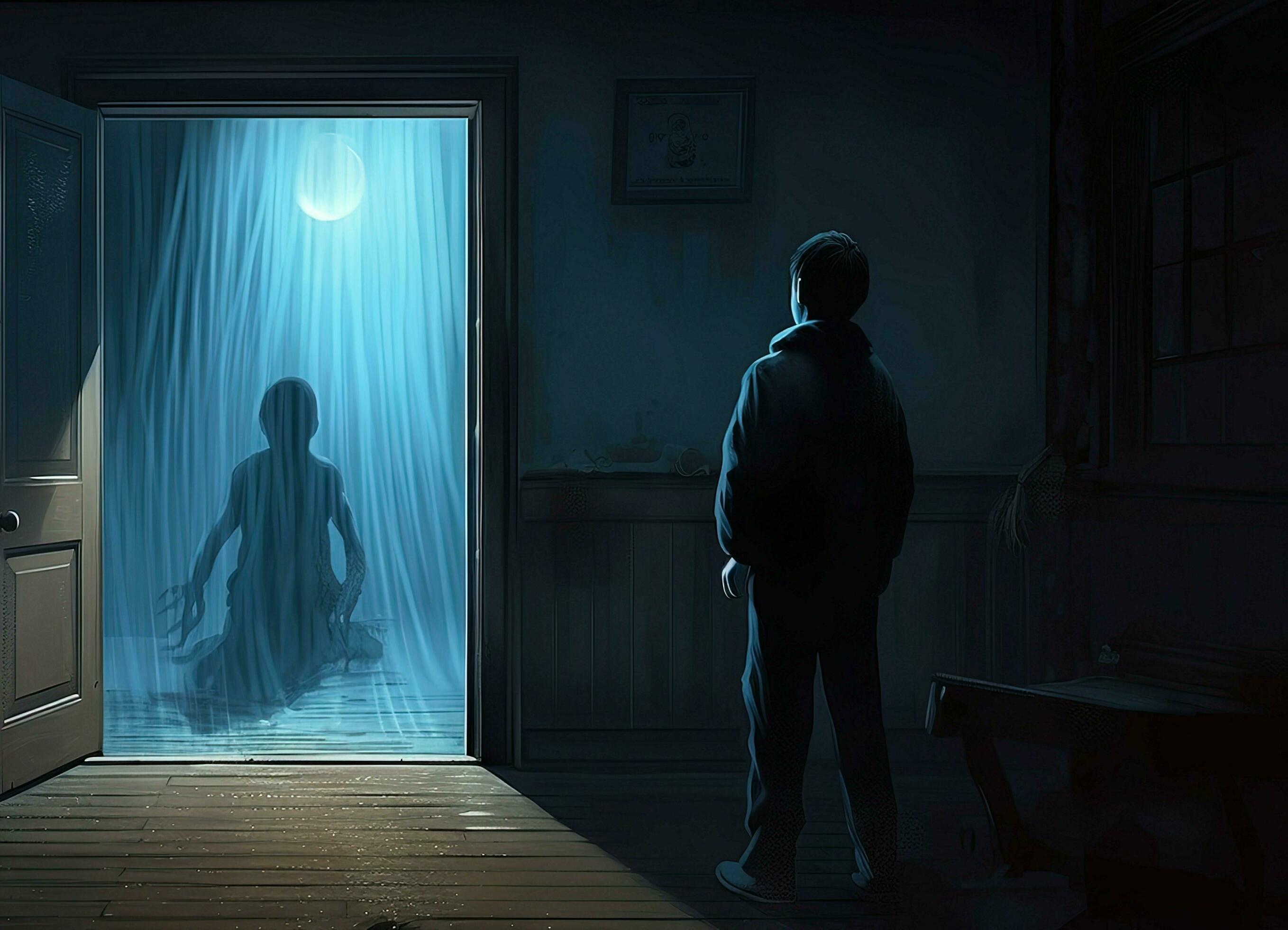 Curious Boy Observing a Blue Ghost Floating in a Haunted House 29981438