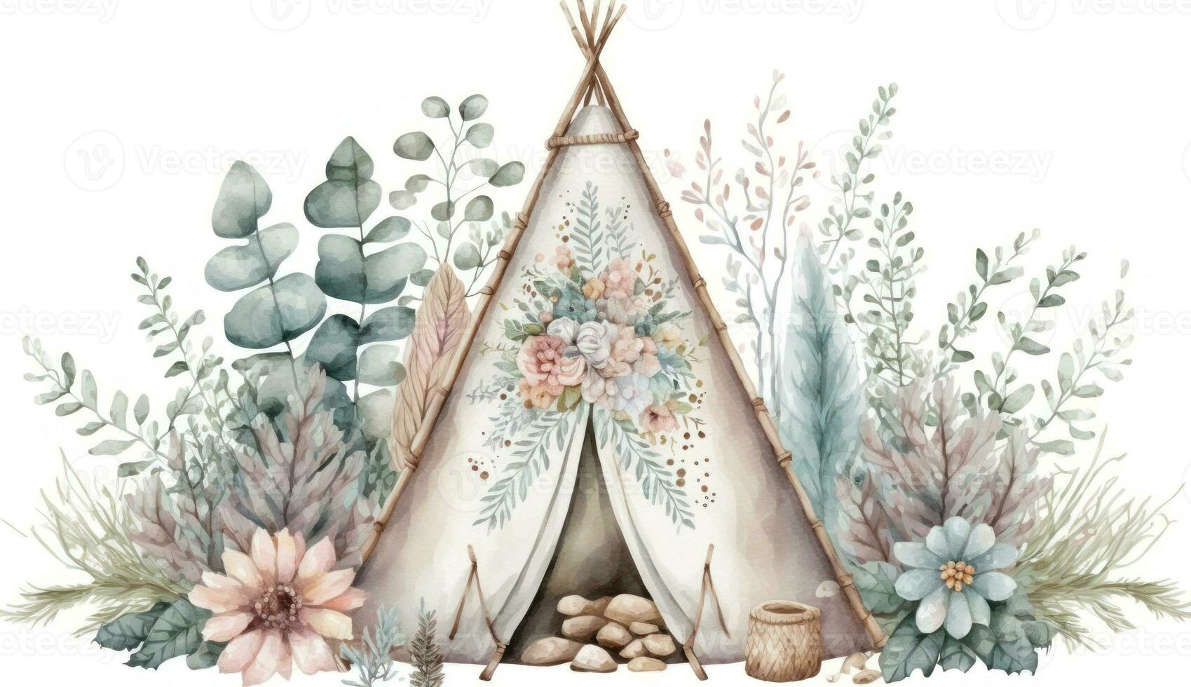 Boho Teepee Decorated with Pastel Watercolor Pattern AI Generated photo