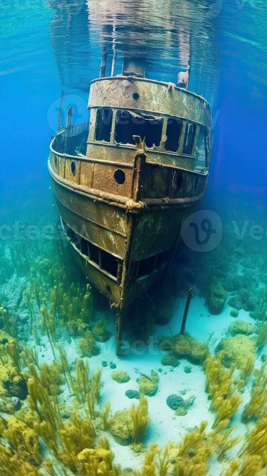 Abandoned Shipwreck A Decaying and Rusting Metal Structure Submerged in Water Generative AI photo