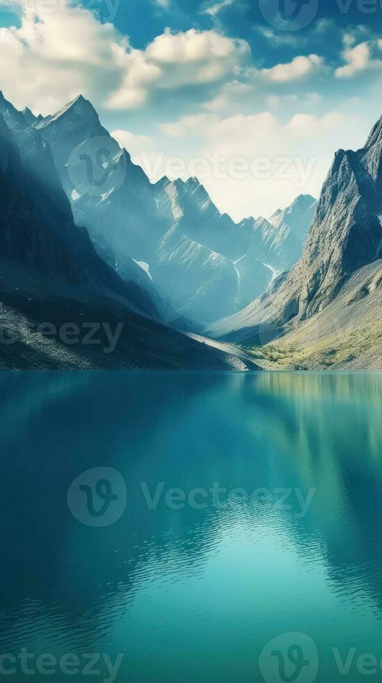 Breathtaking View of Turquoise Blue Lake and Towering Mountains AI Generated photo