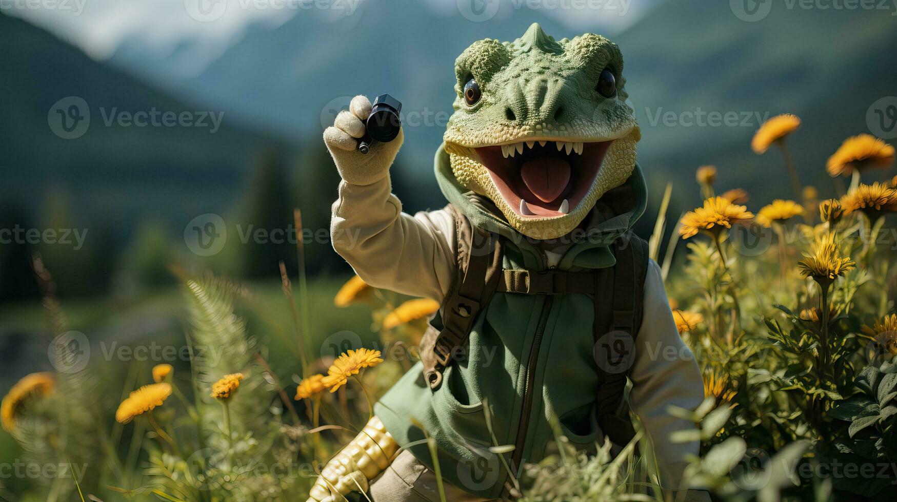 Adorable Child Wearing Dinosaur Costume Roaring at Camera AI Generated photo