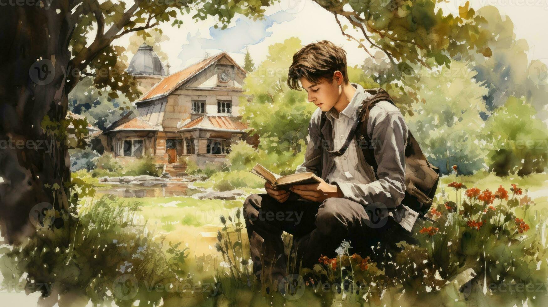 Student Taking a Break in the School Garden AI Generated photo