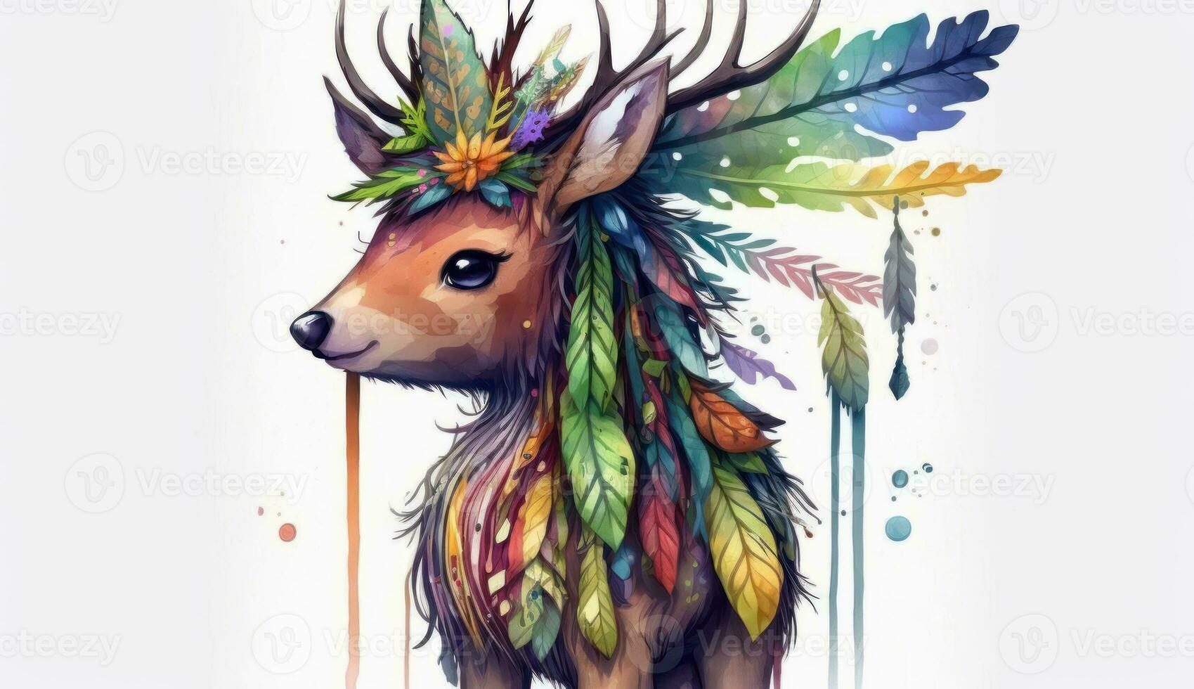 Boho Deer with Feather Headdress AI Generated photo