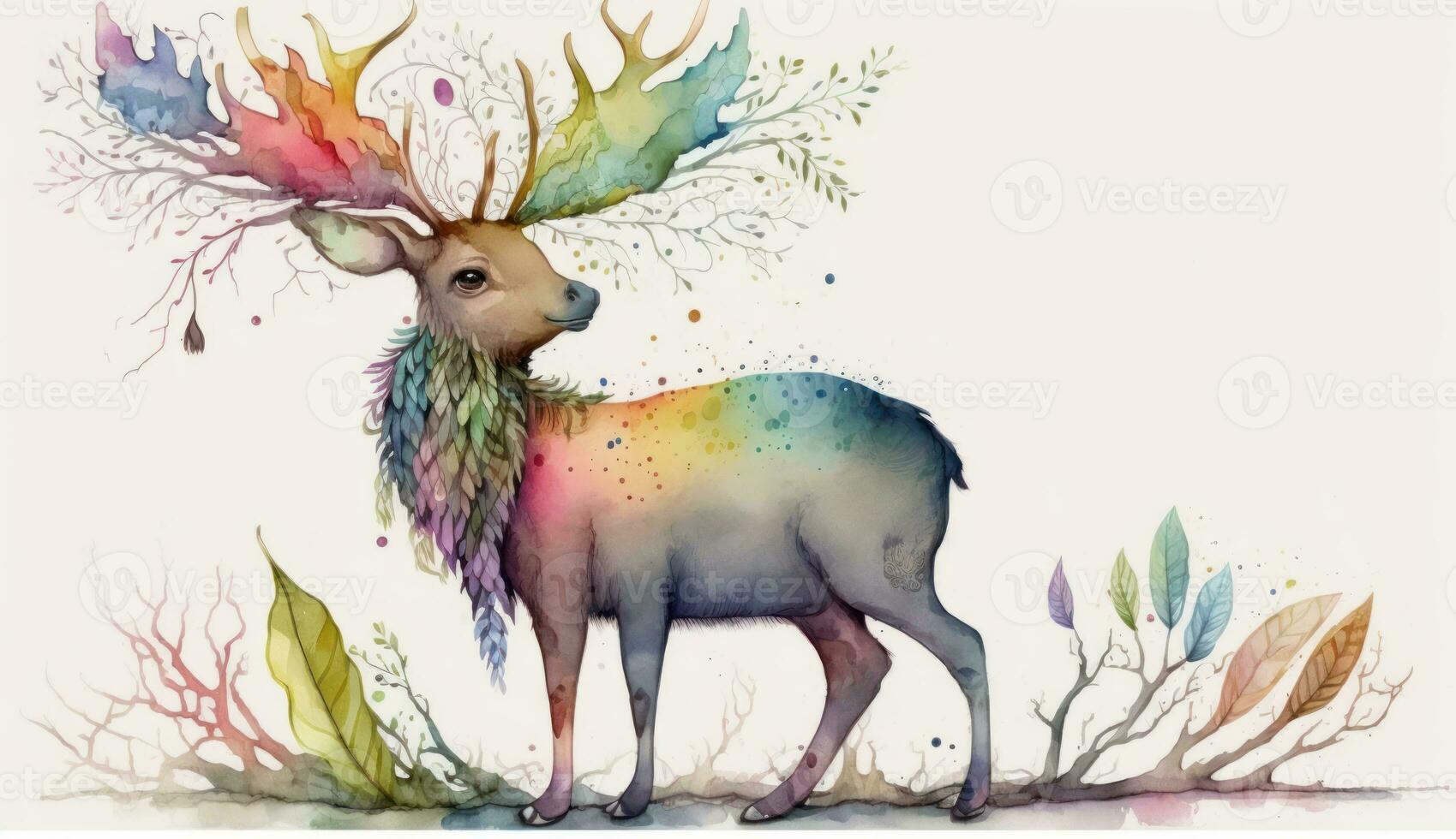 Boho Deer with Feather Headdress AI Generated photo