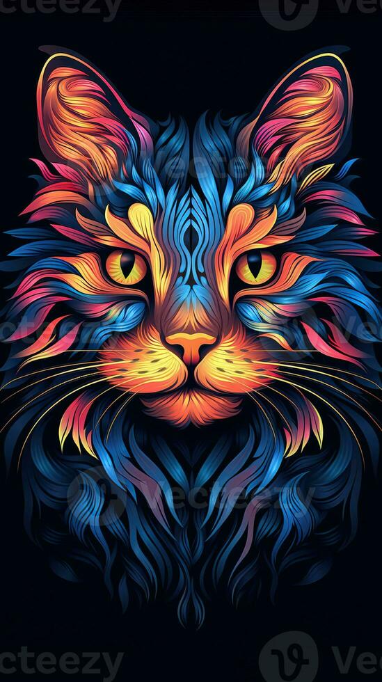 Neon Cat on Dark Background Generative AI photo