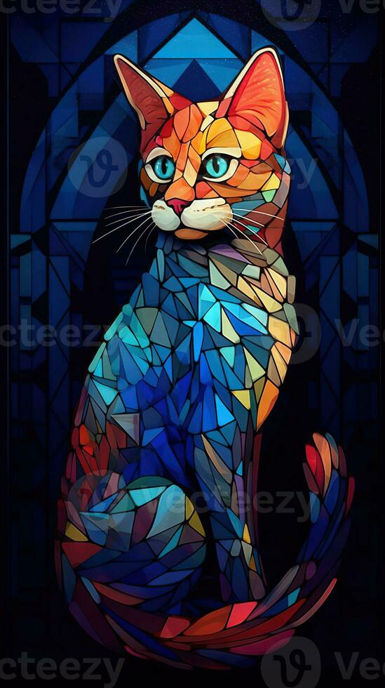 Stained Glass Cat on Dark Background Generative AI photo