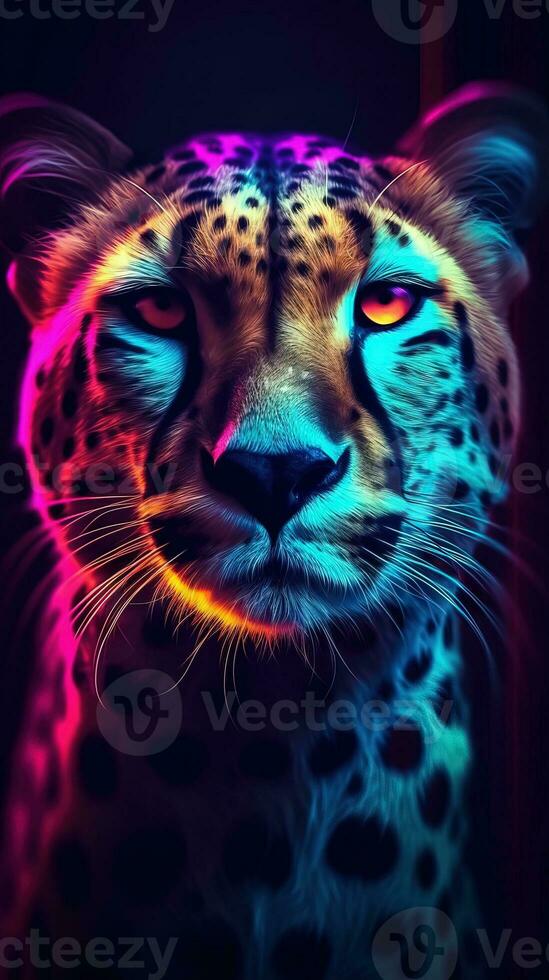 Neon Cheetah on Dark Background Generative AI photo