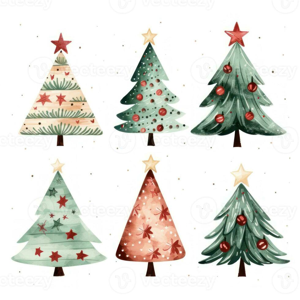 Cute Christmas Clipart Illustration of 4 Decorated Christmas Trees on White Background AI Generated photo