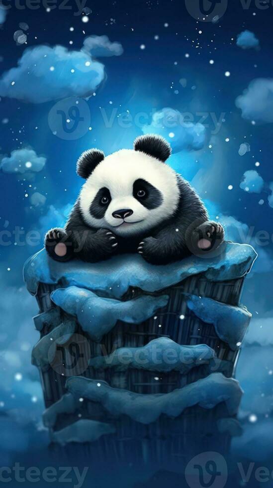 Cute Panda Sleeping on a Cloud in the Night Sky AI Generated photo