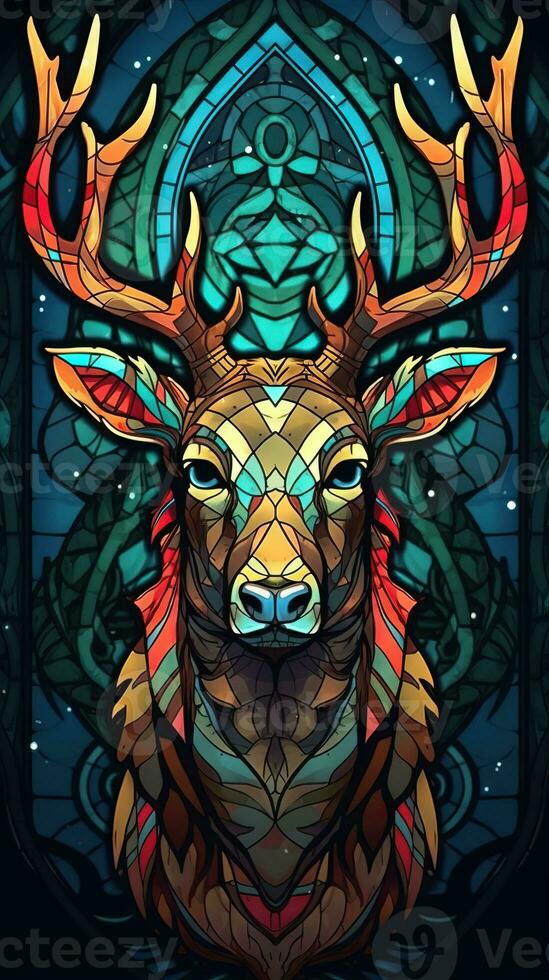 Stained Glass Deer on Dark Background Generative AI photo