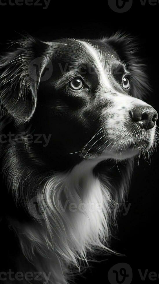 Black and White Dog on Dark Background in Full Focus Generative AI photo