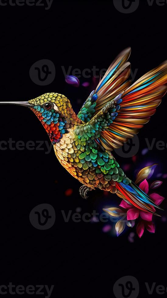 Stained Glass Hummingbird on Dark Background Generative AI photo