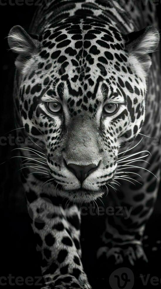 majestuoso negro y blanco jaguar en oscuro antecedentes ai generado foto