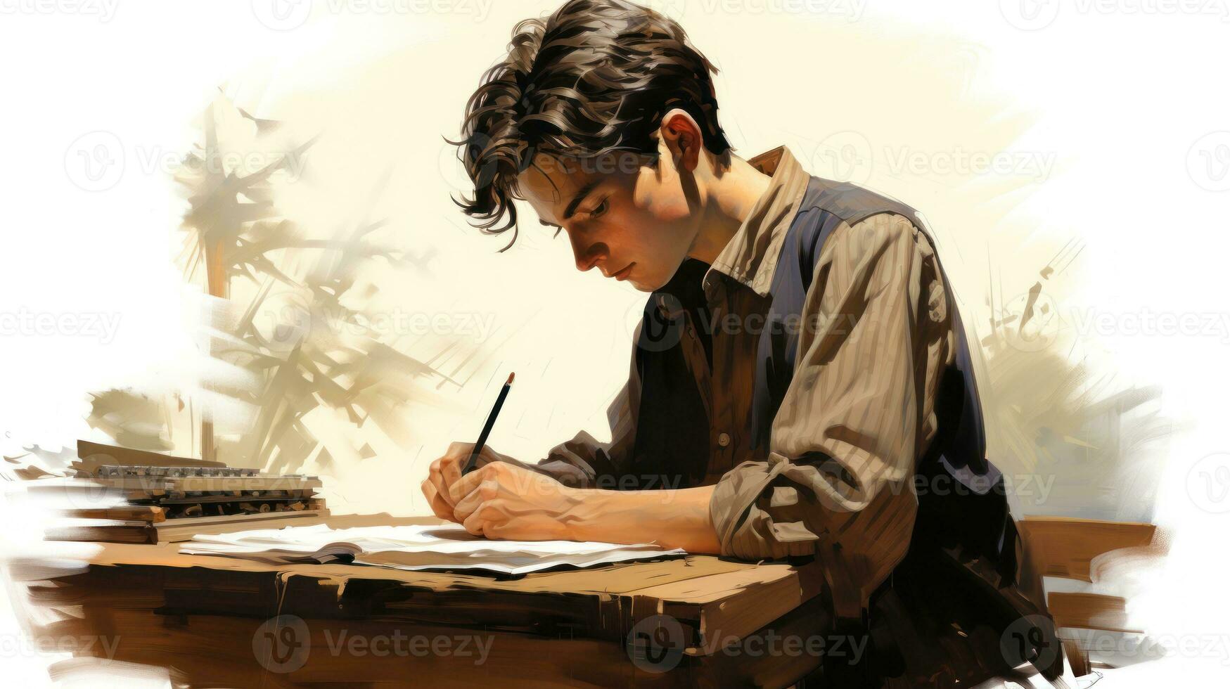 Young Student Practicing Cursive Writing Sketch AI Generated photo