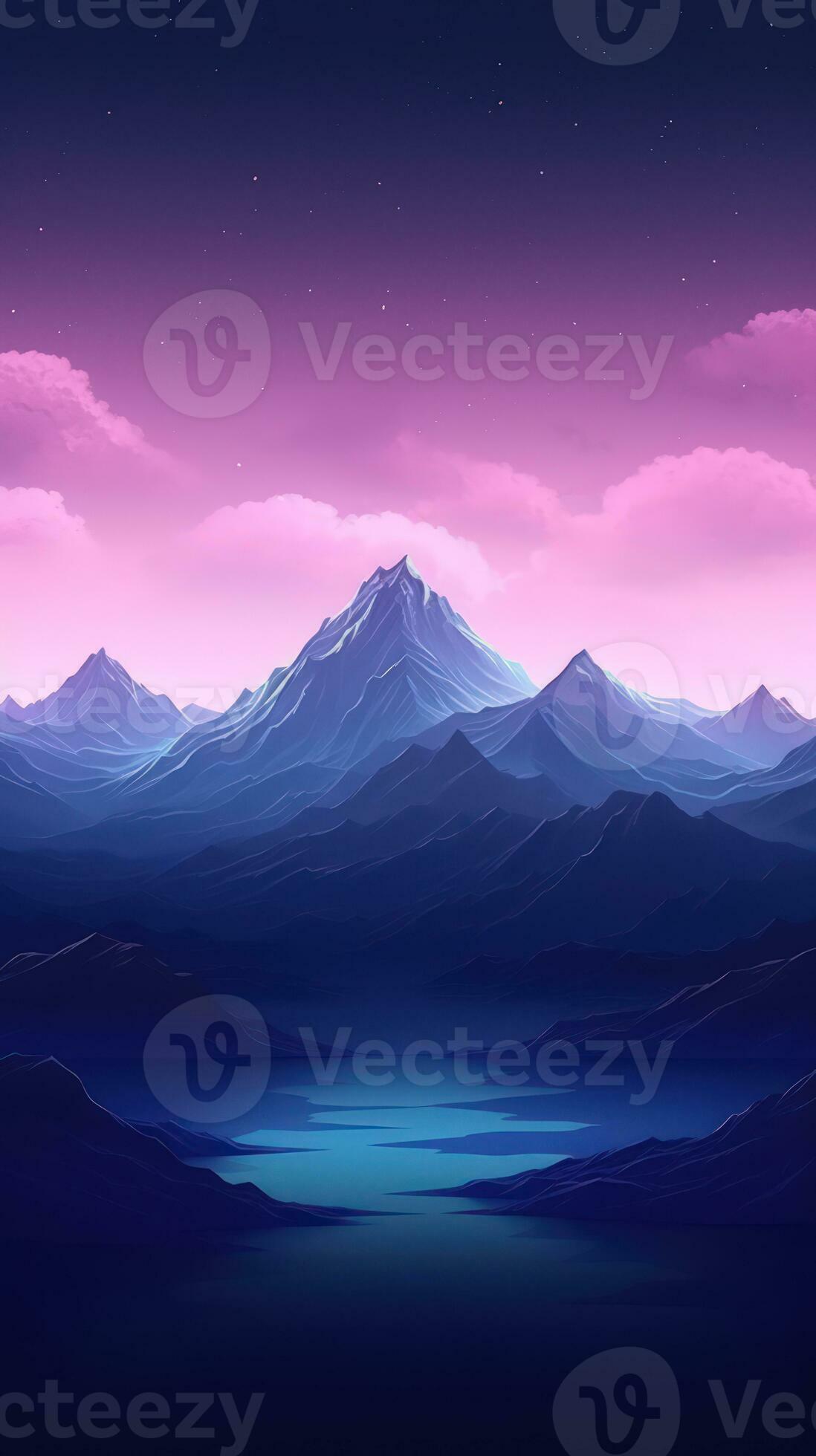 Dark Cyan and Violet Minimalist Landscape Mountain Wallpaper AI