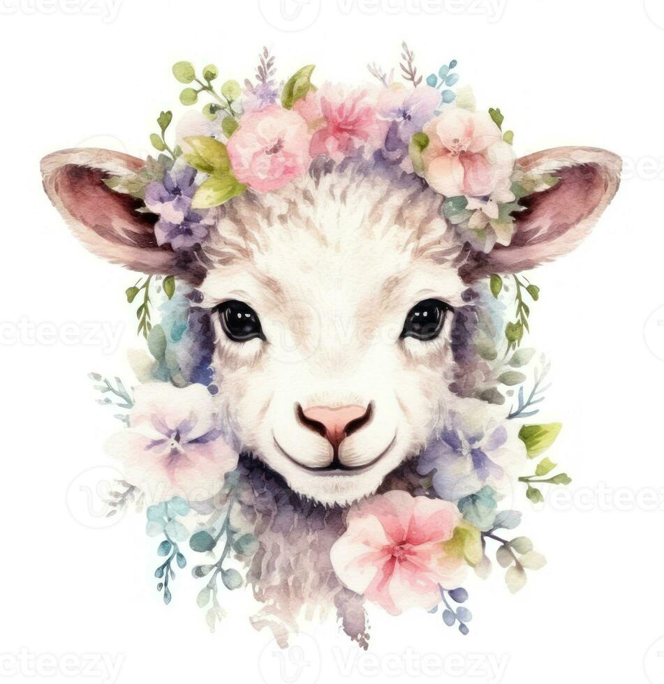 Delicate Watercolor Lamb Face on Flower Wreath AI Generated photo