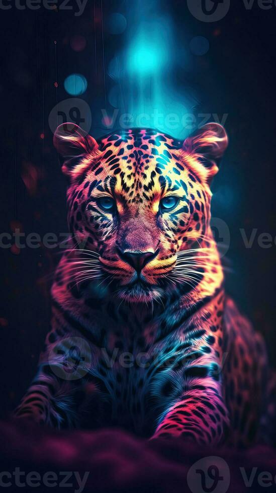 Leopard in Glitch Art Style on Dark Background Generative AI photo