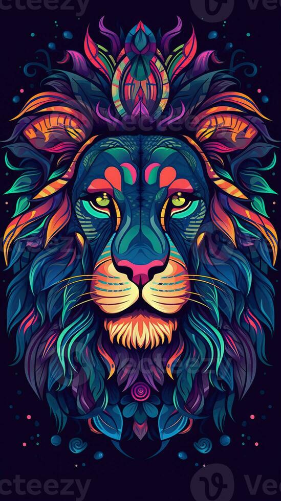 Neon Lion on Dark Background Generative AI photo