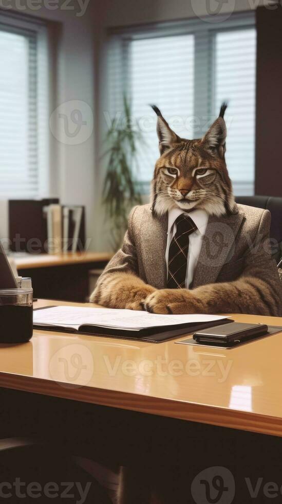Lynx in Business Suit with Brown Accents in TaigaThemed Office AI Generated photo
