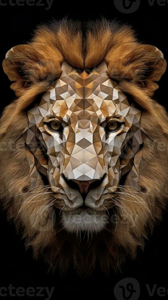 Macro Geometric Lion Face with 3D Helical Prism and Paisley Shapes AI Generated photo