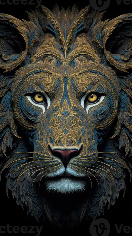 Macro Geometric Lion Face with 3D Helical Prism and Paisley Shapes AI Generated photo