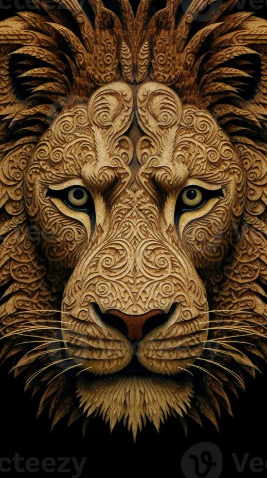 Macro Geometric Lion Face with 3D Helical Prism and Paisley Shapes AI Generated photo