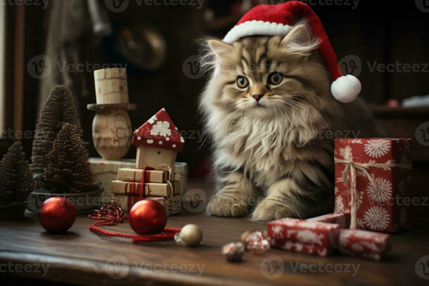 contento gato con Navidad sombrero entre Navidad regalos ai generado foto