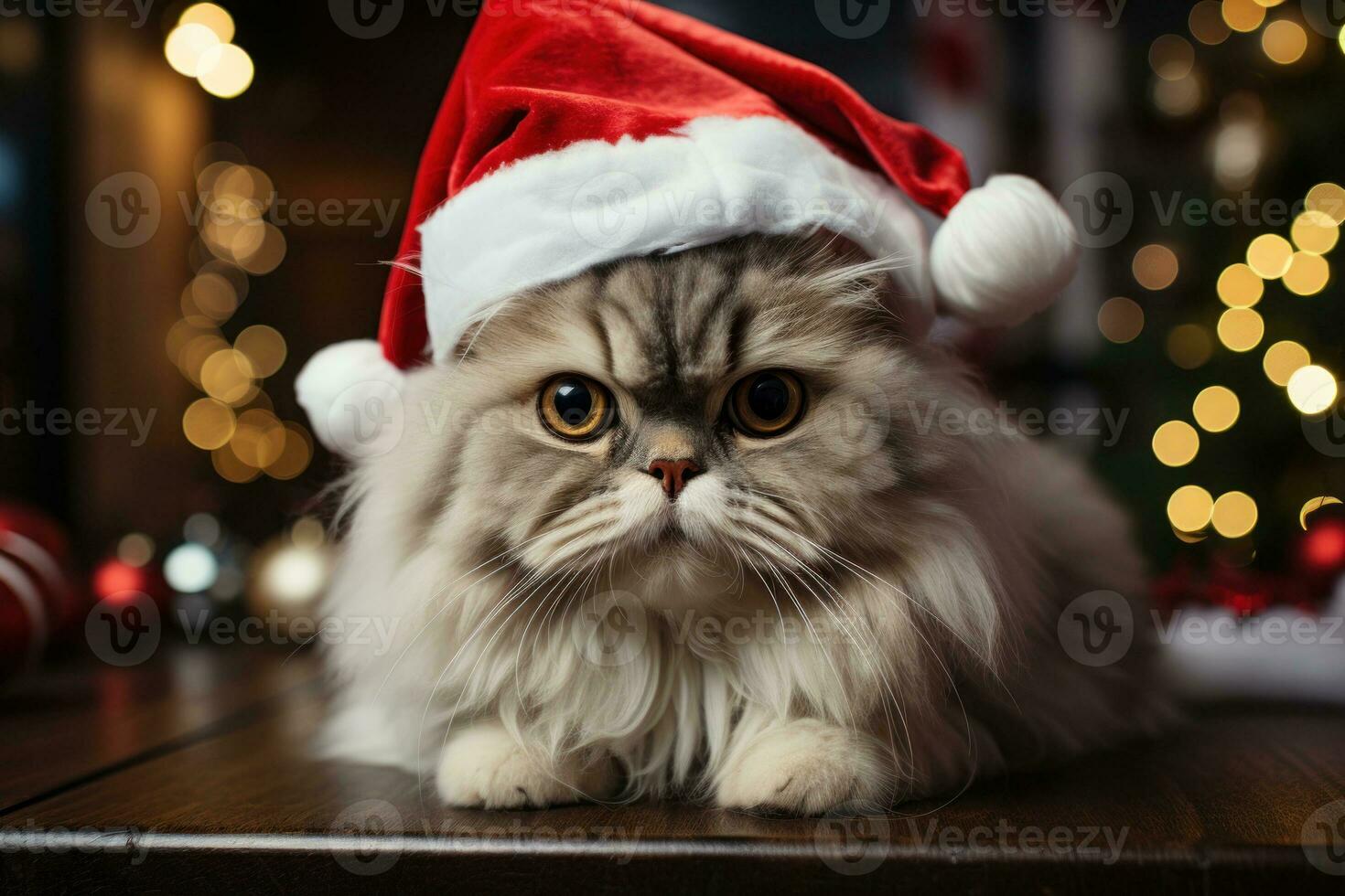 contento gato con Navidad sombrero entre Navidad regalos ai generado foto