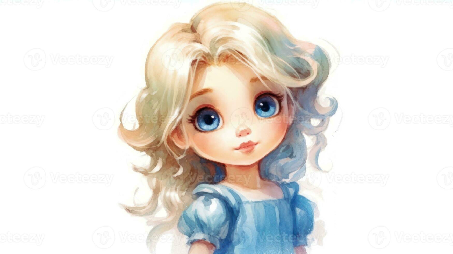 Delicate Watercolor Cartoon of a Toddler Princess with Round Face and Long Hair AI Generated photo