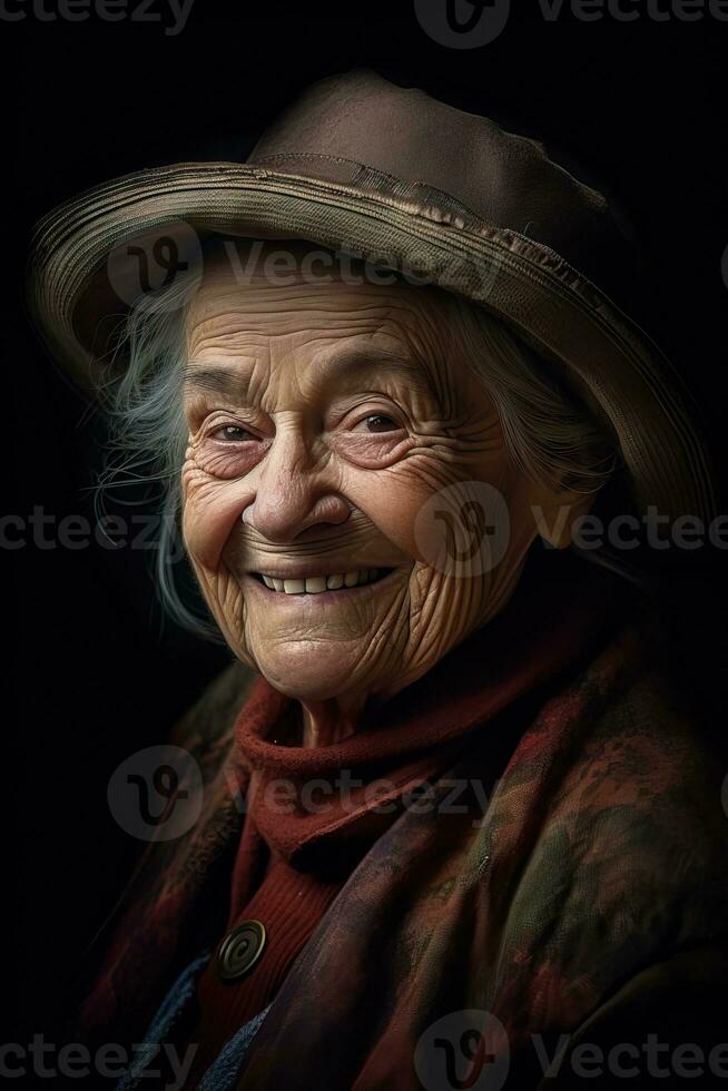 Smiling Portrait of an Old Lady with a Hat AI Generated photo