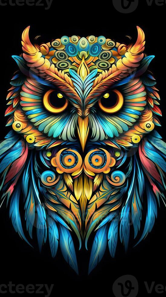 Colorful Owl in Stained Glass Style on Dark Background AI Generated photo