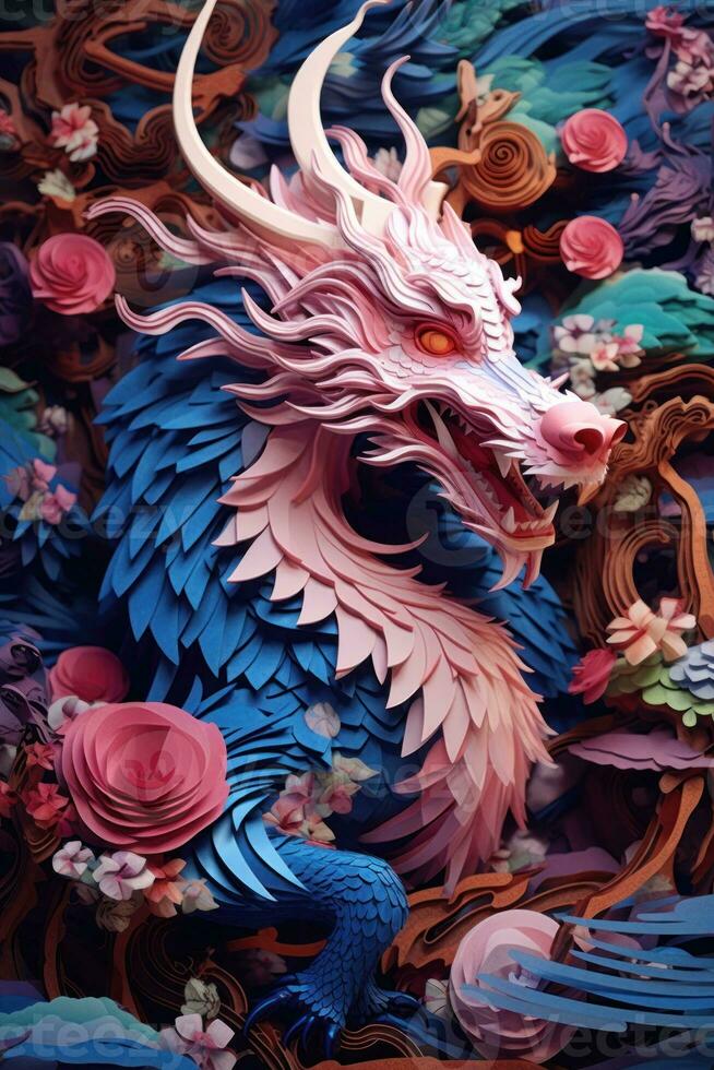 Majestic Ancient Fantasy Dragon Sitting on a Pile of Paper Cut Craft Paper Illustration AI Generated photo